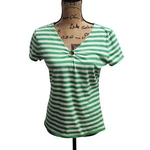 CHAPS Green White Striped V-Neck T-Shirt Cotton Blend Casual Summer Top Size L‎